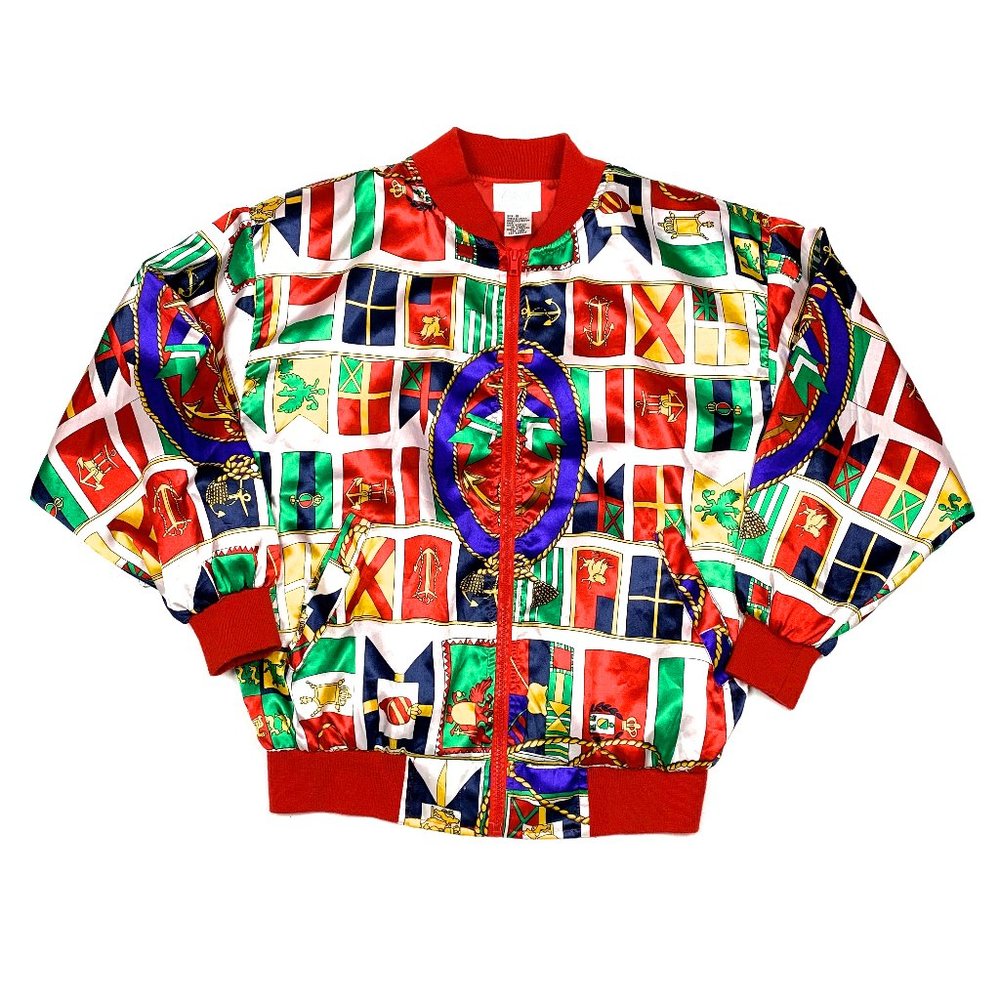 Vtg 90s Retro Baroque Flag Print Bomber Jacket